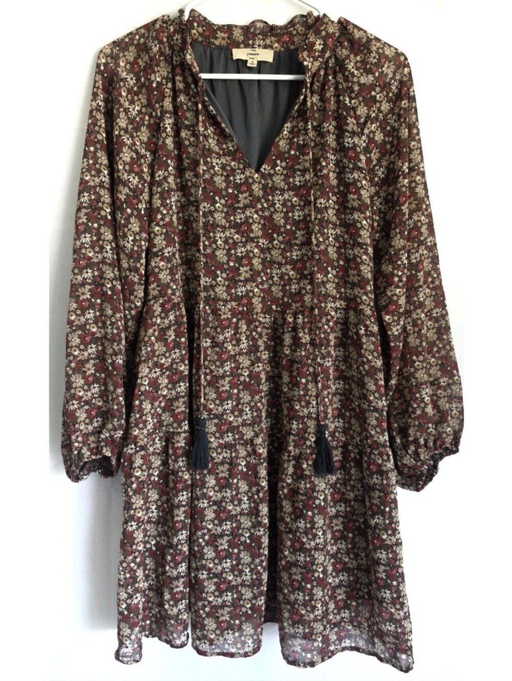 ENTRO Boho Ditzy Floral Peasant Tassel Dress S